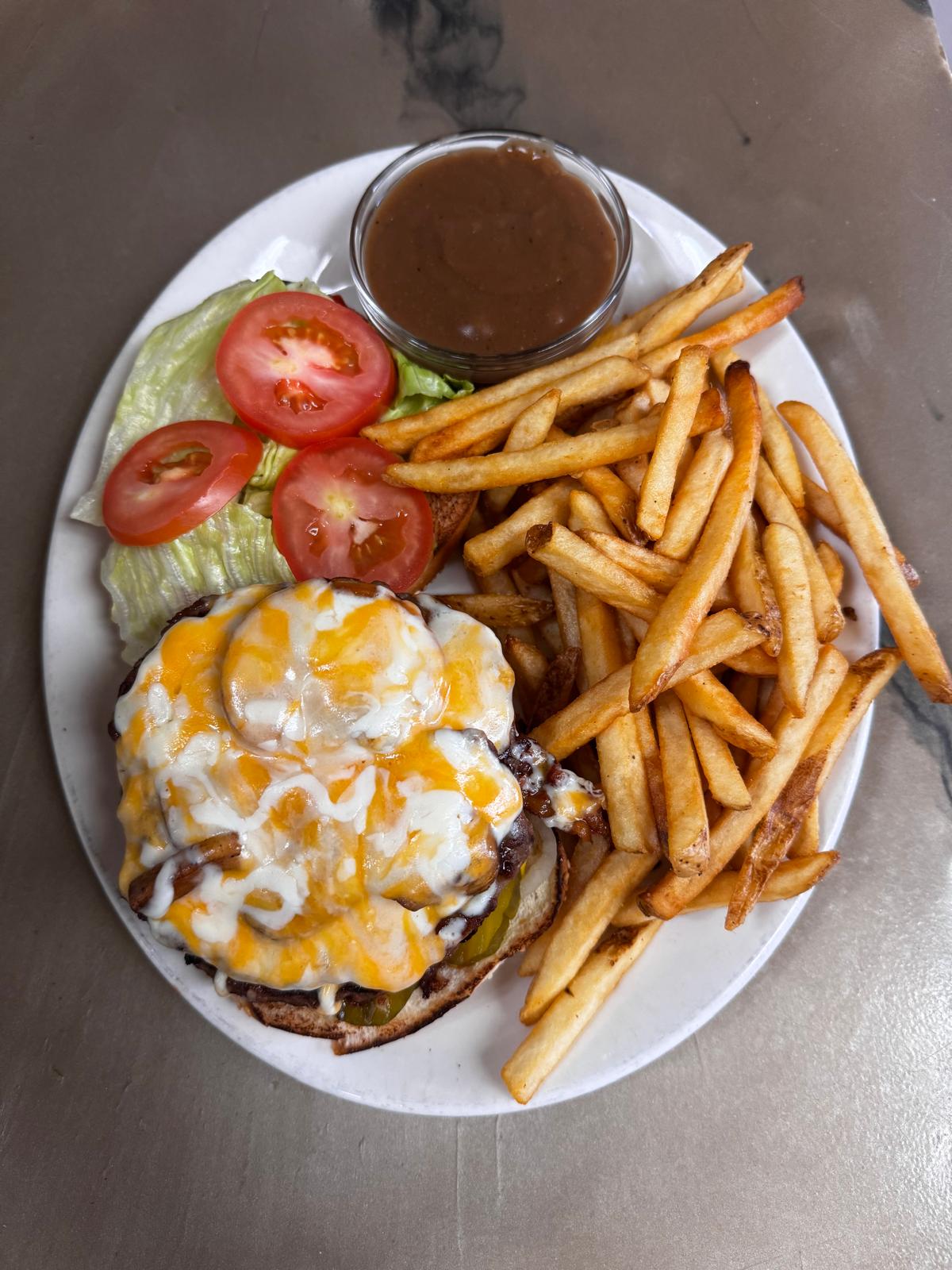 Canadian burger at Pappa's Family Restaurant & Lounge Edmonton - premium burger with bacon and ham